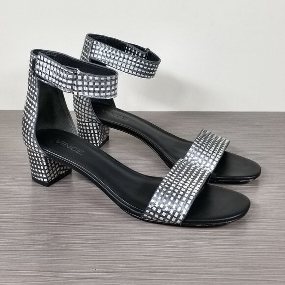 Vince Rita Ankle Strap Sandal, Black & White Metallic Leather, Womens Size 6.5 M - Picture 1 of 12